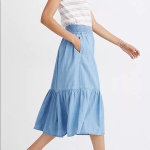 Madewell Chambray Smocked-Waist Ruffle-Hem Skirt